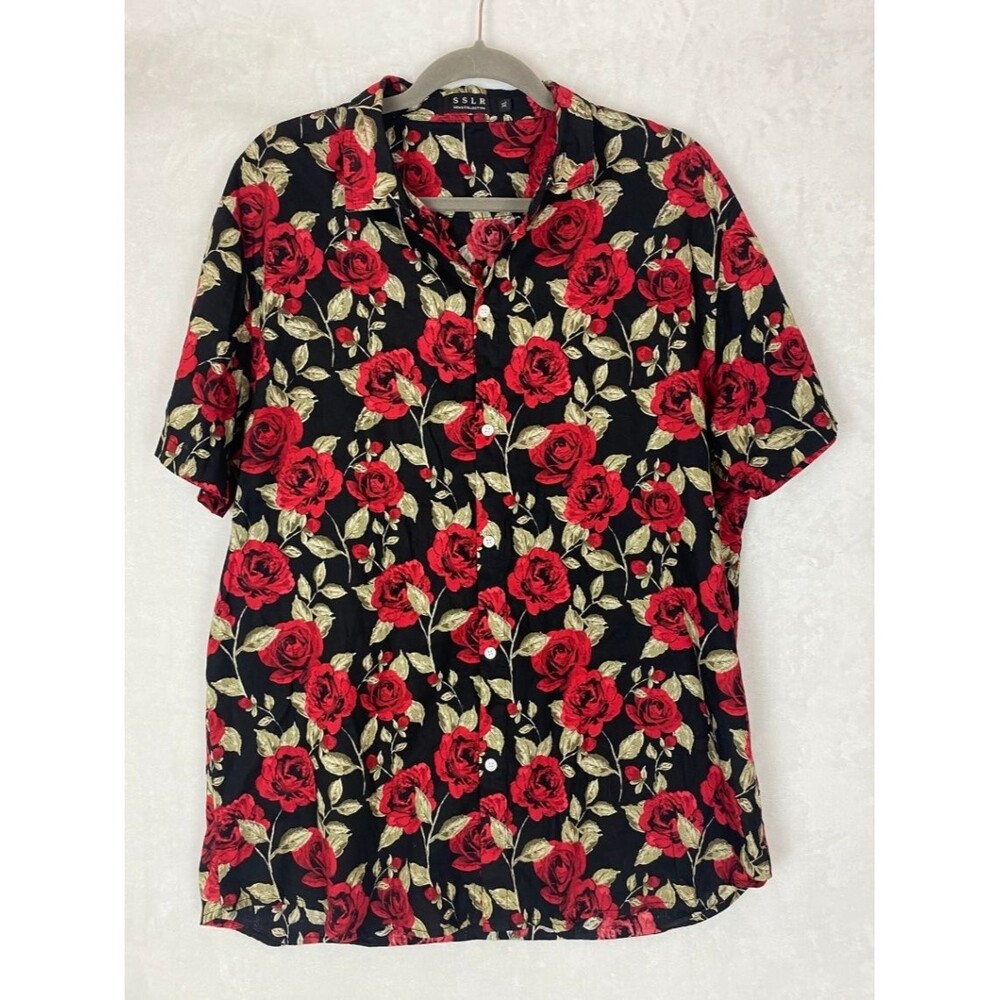 SSLR Men's XL Floral Short Sleeve Button Up Shirt Black Red Roses